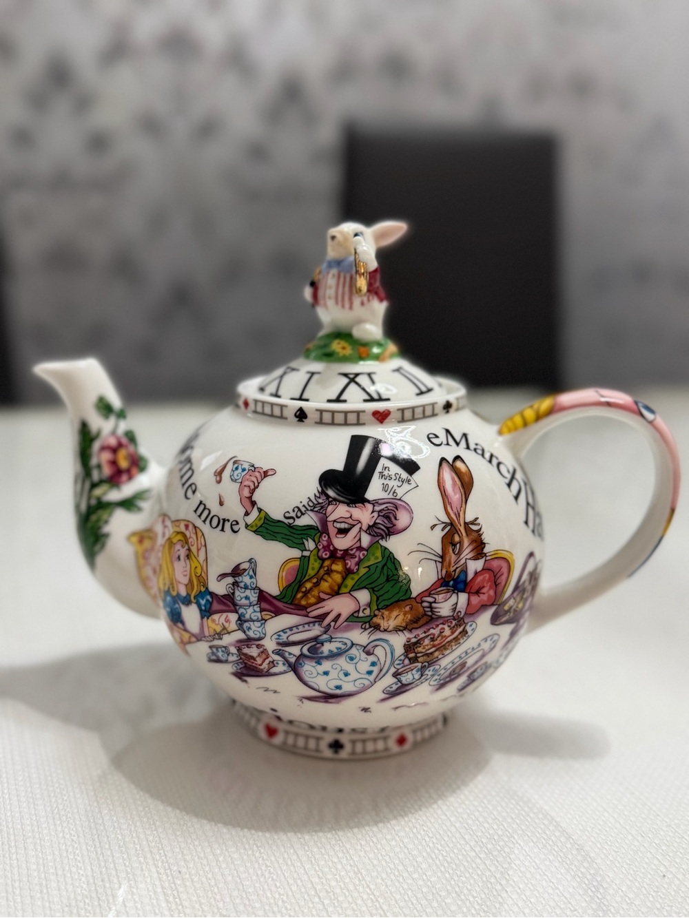 Whimsical White Alice-in-Wonderland Ceramic Teapot with Multicolor Illustration